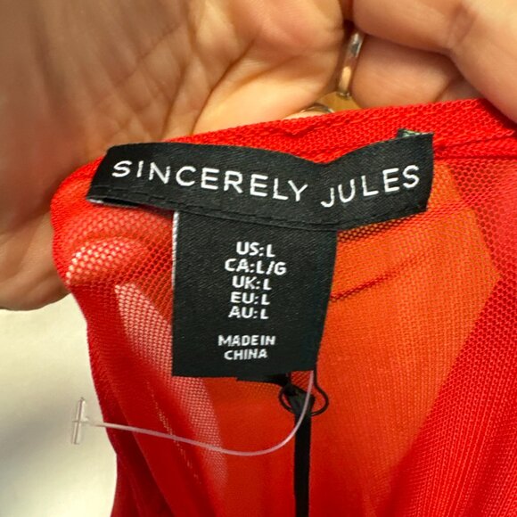 NEW Sincerely Jules Red V Neck Long Sleeve Crop Top NWT L Large Mesh - Picture 8 of 8